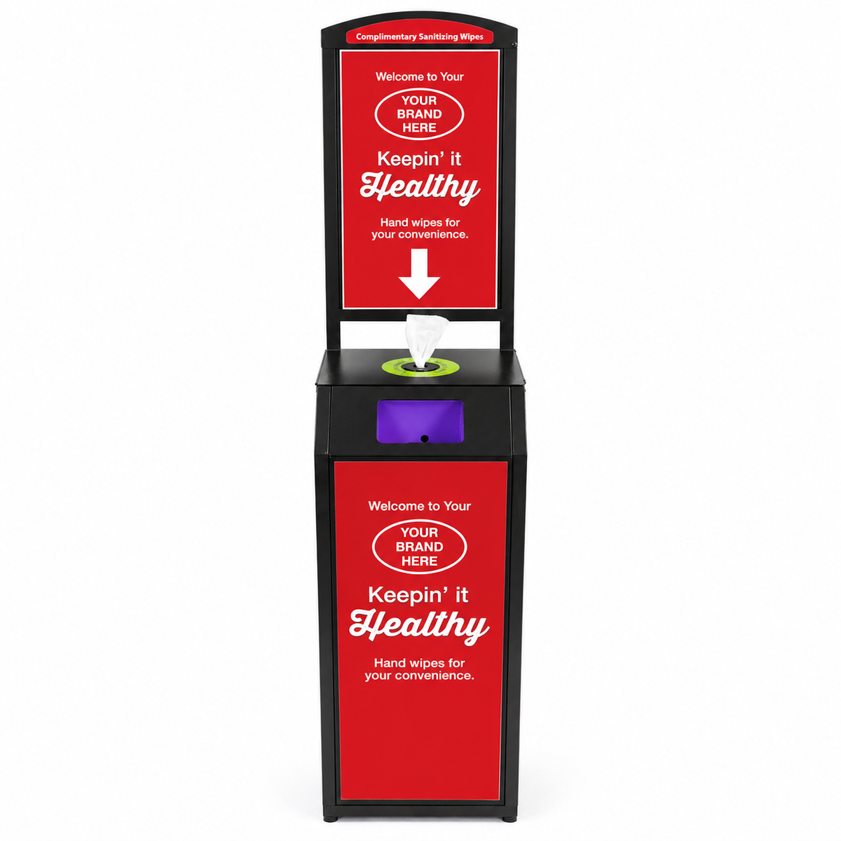 Tazza Full-Size Premium Wipe Dispenser – High-Capacity Commercial Floor Stand with Storage, Trash & Customizable Signage