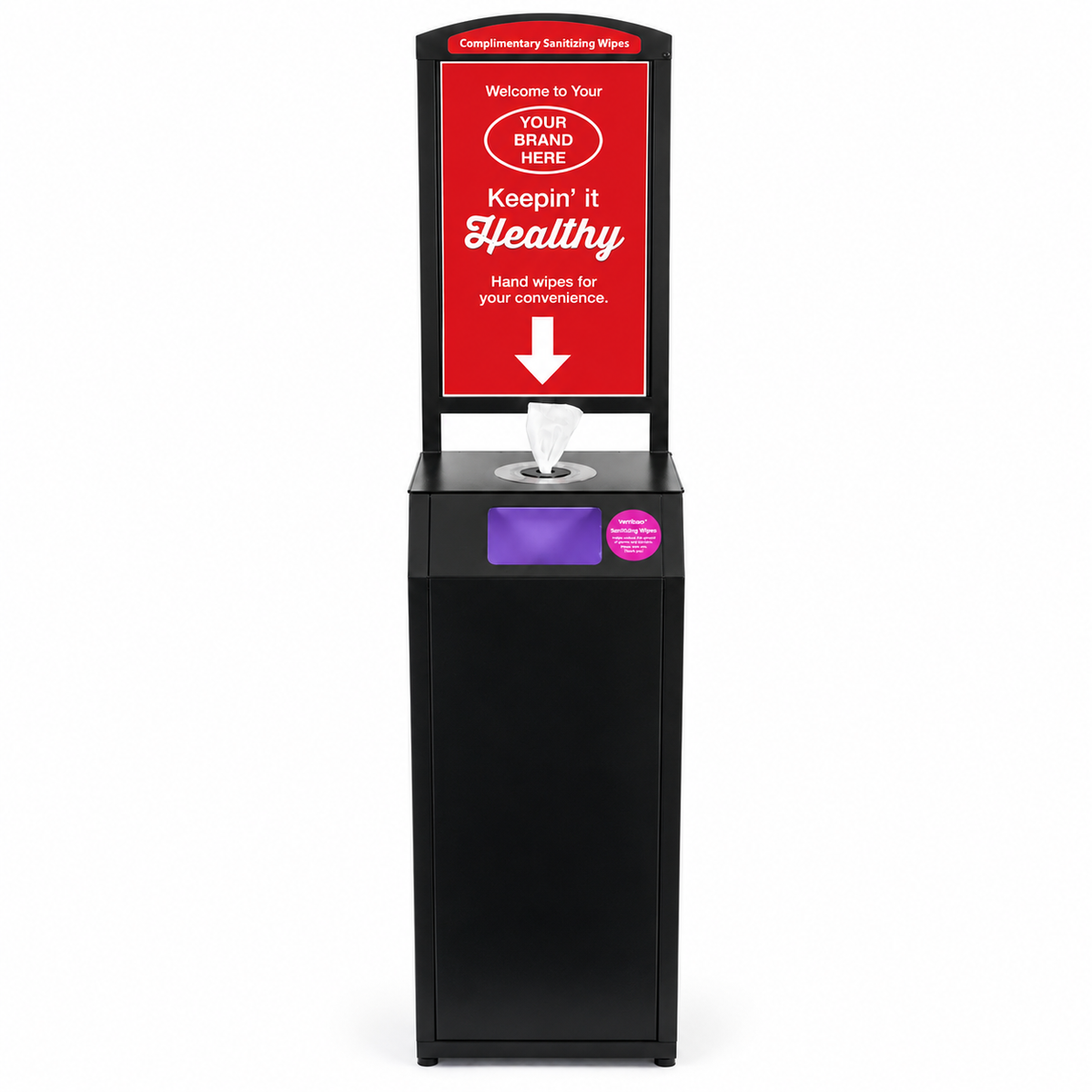 Tazza Full-Size Premium Wipe Dispenser – High-Capacity Commercial Floor Stand with Storage, Trash & Customizable Signage