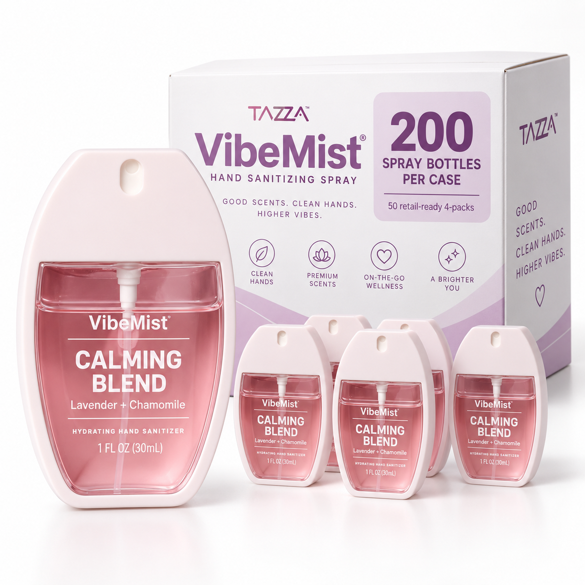 Tazza VibeMist Calming Blend Hand Sanitizing Spray - Lavender + Chamomile - Case of 200