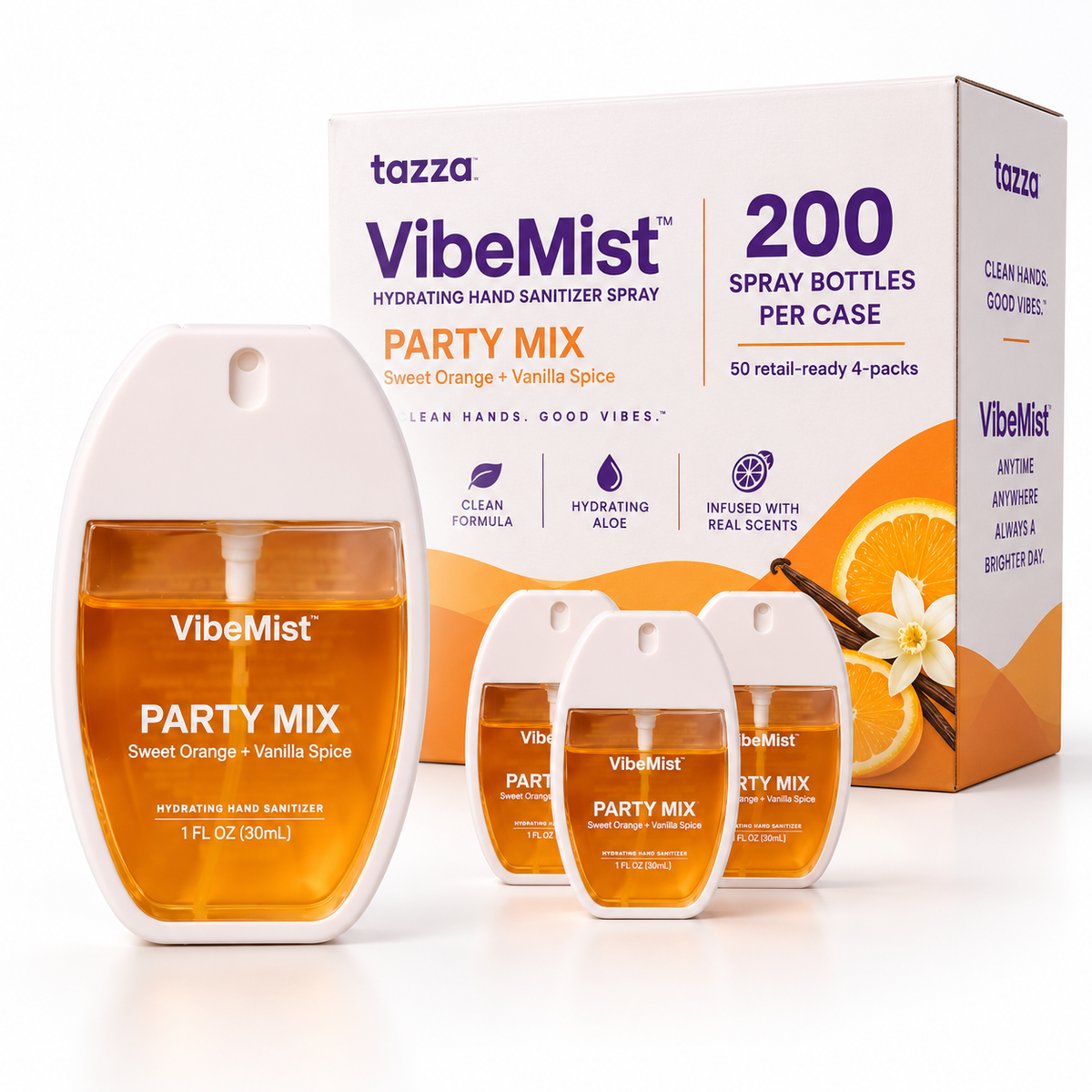 Tazza VibeMist Party Mix Hand Sanitizing Spray - Sweet Orange + Vanilla Spice - Case of 200