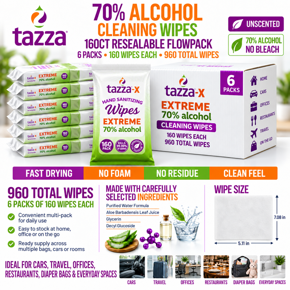 Wet Wipes - 6 x 160 Count (960 Total Wipes) - 70% Alcohol, Pre-Saturated Hand & Surface Cleaning Wipes