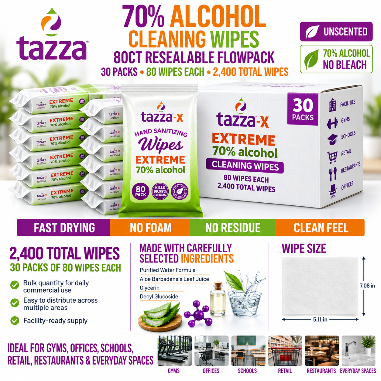 Wet Wipes - 30 x 80 Count (2,400 Total Wipes) - 70% Alcohol, Pre-Saturated Hand & Surface Cleaning Wipes
